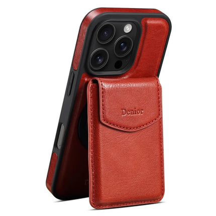 DENIOR D22 For iPhone 16 Pro Max Case Detachable Card Bag Rotary Kickstand Genuine Cow Leather Phone Back Cover