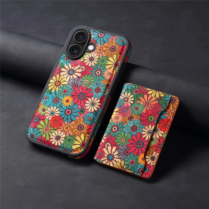 D16 For iPhone 16 Magnetic Case Detachable Card Bag Flower Leather Back Cover