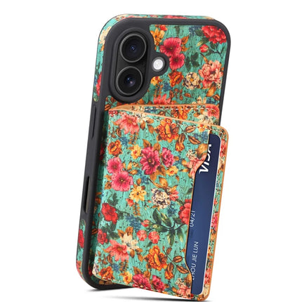D16 For iPhone 16 Magnetic Case Detachable Card Bag Flower Leather Back Cover