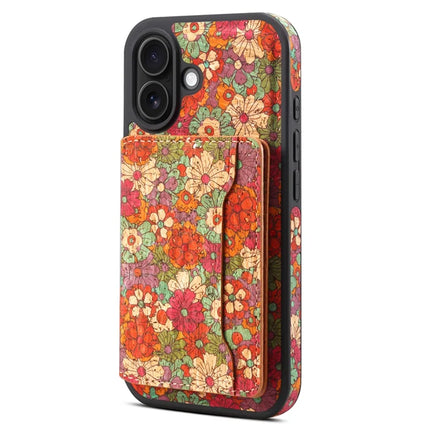 D16 For iPhone 16 Magnetic Case Detachable Card Bag Flower Leather Back Cover
