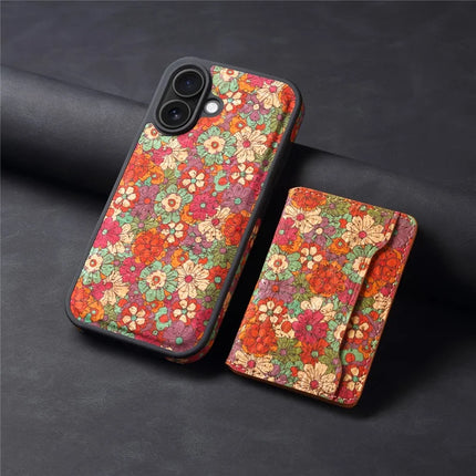 D16 For iPhone 16 Magnetic Case Detachable Card Bag Flower Leather Back Cover