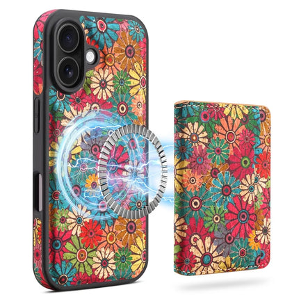 D16 For iPhone 16 Plus Magnetic Case Detachable Card Bag Flower Leather Back Cover - Green