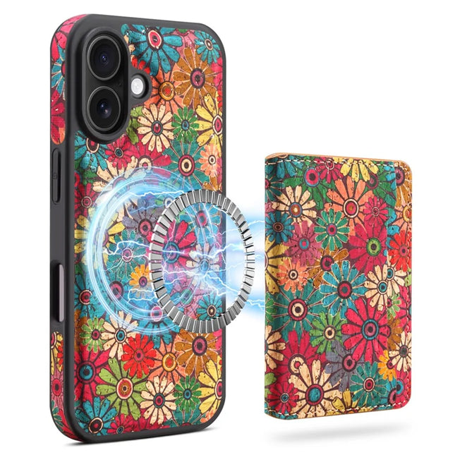 D16 For iPhone 16 Plus Magnetic Case Detachable Card Bag Flower Leather Back Cover - Green