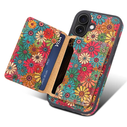 D16 For iPhone 16 Plus Magnetic Case Detachable Card Bag Flower Leather Back Cover