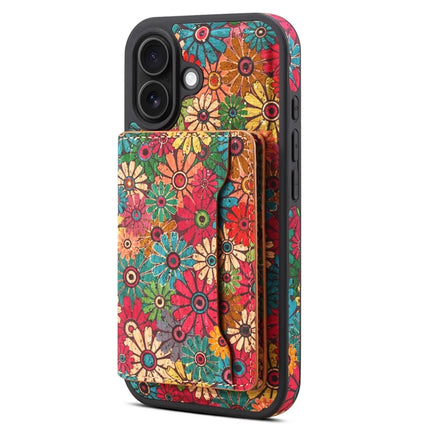 D16 For iPhone 16 Plus Magnetic Case Detachable Card Bag Flower Leather Back Cover