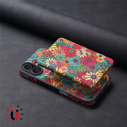 D16 For iPhone 16 Plus Magnetic Case Detachable Card Bag Flower Leather Back Cover