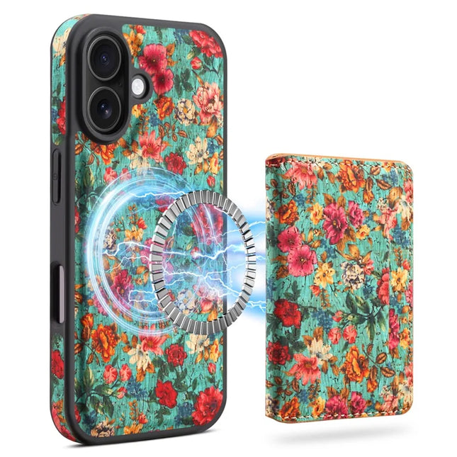 D16 For iPhone 16 Plus Magnetic Case Detachable Card Bag Flower Leather Back Cover - Blue