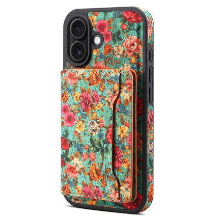 D16 For iPhone 16 Plus Magnetic Case Detachable Card Bag Flower Leather Back Cover