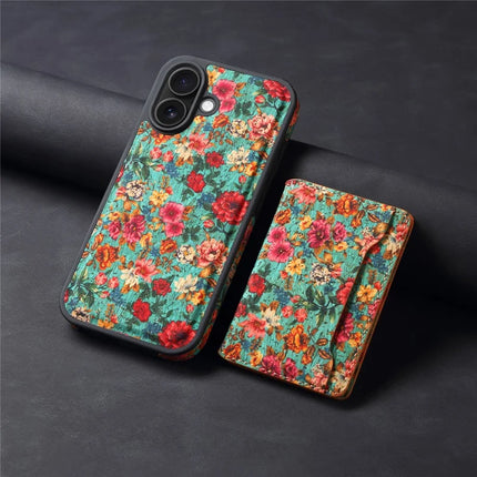 D16 For iPhone 16 Plus Magnetic Case Detachable Card Bag Flower Leather Back Cover