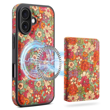 D16 For iPhone 16 Plus Magnetic Case Detachable Card Bag Flower Leather Back Cover - Red