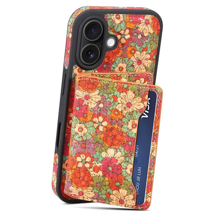 D16 For iPhone 16 Plus Magnetic Case Detachable Card Bag Flower Leather Back Cover