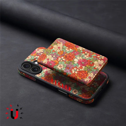 D16 For iPhone 16 Plus Magnetic Case Detachable Card Bag Flower Leather Back Cover