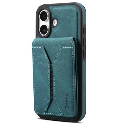 DENIOR D18 For iPhone 16 Case Ring Kickstand Leather+PC+TPU Phone Cover Card Holder - Blue