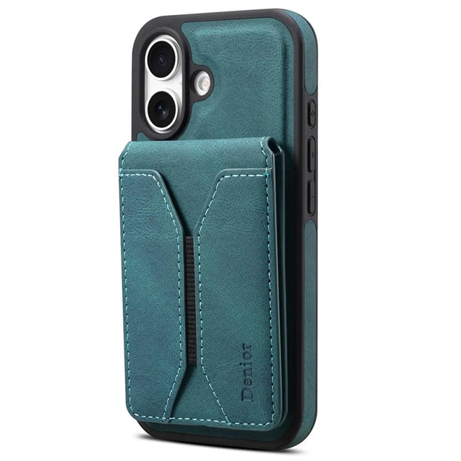 DENIOR D18 For iPhone 16 Case Ring Kickstand Leather+PC+TPU Phone Cover Card Holder - Blue