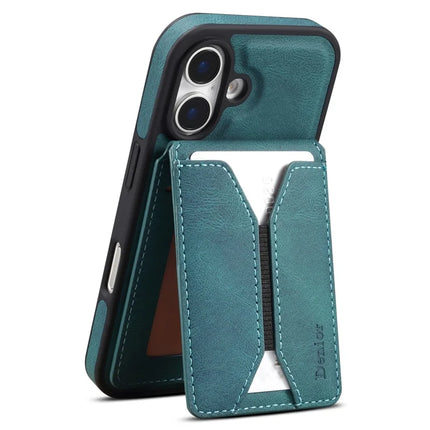 DENIOR D18 For iPhone 16 Case Ring Kickstand Leather+PC+TPU Phone Cover Card Holder