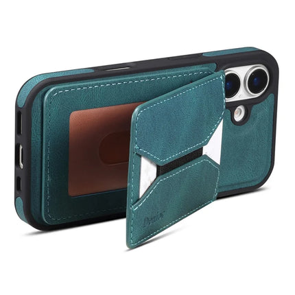 DENIOR D18 For iPhone 16 Case Ring Kickstand Leather+PC+TPU Phone Cover Card Holder