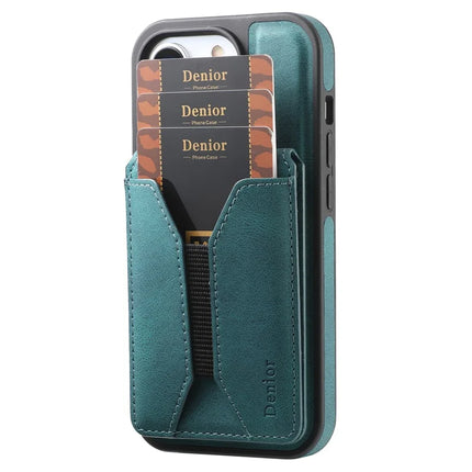 DENIOR D18 For iPhone 16 Case Ring Kickstand Leather+PC+TPU Phone Cover Card Holder