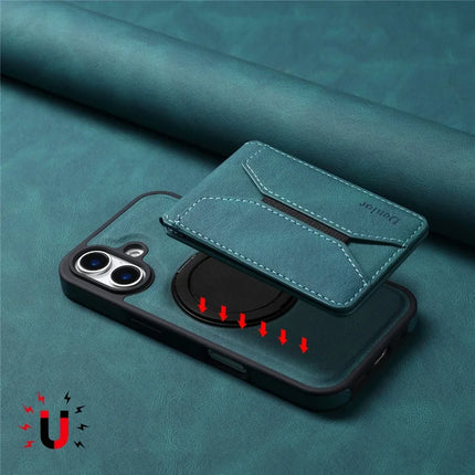 DENIOR D18 For iPhone 16 Case Ring Kickstand Leather+PC+TPU Phone Cover Card Holder