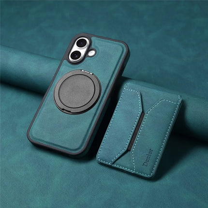 DENIOR D18 For iPhone 16 Case Ring Kickstand Leather+PC+TPU Phone Cover Card Holder