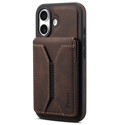 DENIOR D18 For iPhone 16 Case Ring Kickstand Leather+PC+TPU Phone Cover Card Holder - Brown