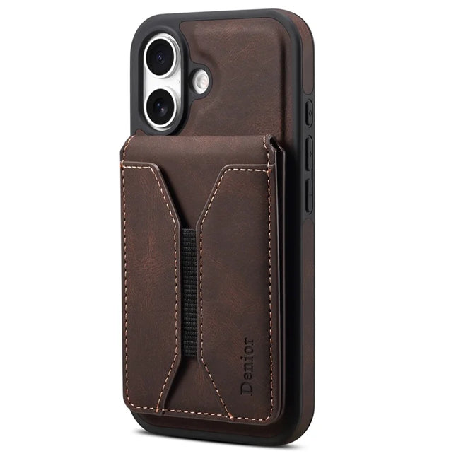 DENIOR D18 For iPhone 16 Case Ring Kickstand Leather+PC+TPU Phone Cover Card Holder - Brown