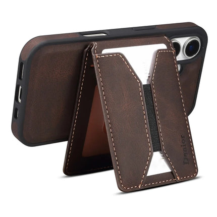 DENIOR D18 For iPhone 16 Case Ring Kickstand Leather+PC+TPU Phone Cover Card Holder
