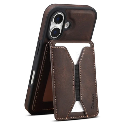 DENIOR D18 For iPhone 16 Case Ring Kickstand Leather+PC+TPU Phone Cover Card Holder