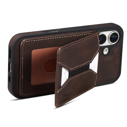 DENIOR D18 For iPhone 16 Case Ring Kickstand Leather+PC+TPU Phone Cover Card Holder