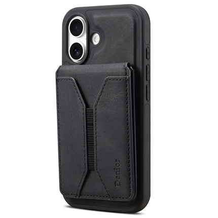 DENIOR D18 For iPhone 16 Case Ring Kickstand Leather+PC+TPU Phone Cover Card Holder - Black
