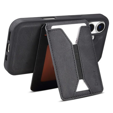DENIOR D18 For iPhone 16 Case Ring Kickstand Leather+PC+TPU Phone Cover Card Holder