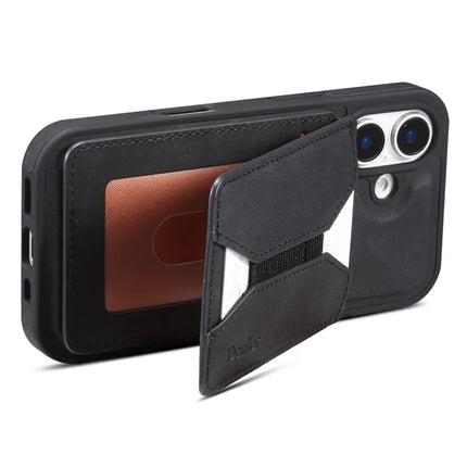 DENIOR D18 For iPhone 16 Case Ring Kickstand Leather+PC+TPU Phone Cover Card Holder