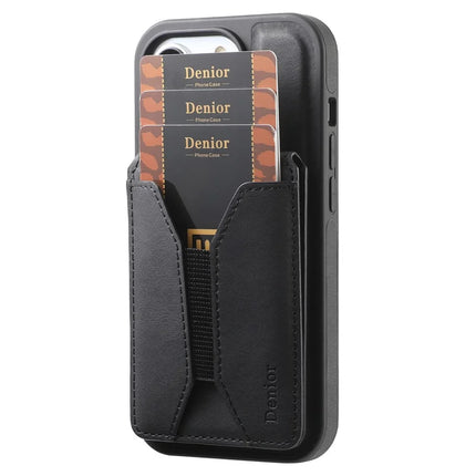DENIOR D18 For iPhone 16 Case Ring Kickstand Leather+PC+TPU Phone Cover Card Holder