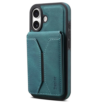 DENIOR D18 For iPhone 16 Plus Case Ring Kickstand Leather PC TPU Phone Cover Card Holder - Blue