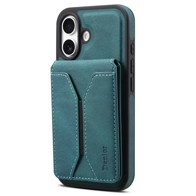DENIOR D18 For iPhone 16 Plus Case Ring Kickstand Leather PC TPU Phone Cover Card Holder - Blue