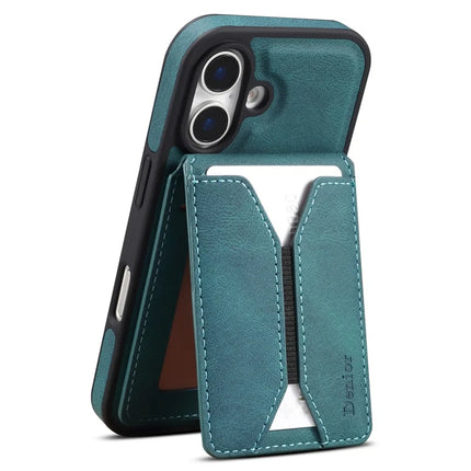 DENIOR D18 For iPhone 16 Plus Case Ring Kickstand Leather PC TPU Phone Cover Card Holder