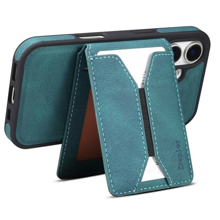 DENIOR D18 For iPhone 16 Plus Case Ring Kickstand Leather PC TPU Phone Cover Card Holder