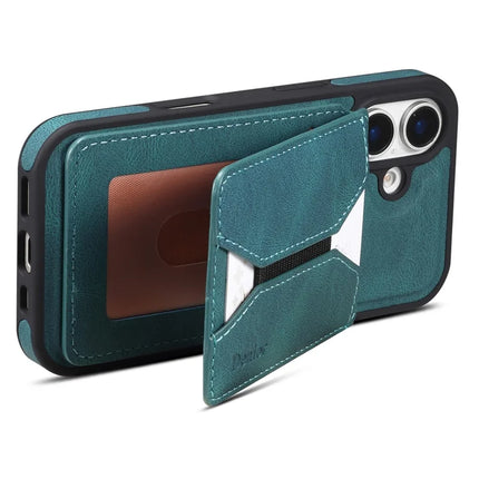 DENIOR D18 For iPhone 16 Plus Case Ring Kickstand Leather PC TPU Phone Cover Card Holder
