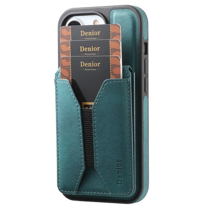 DENIOR D18 For iPhone 16 Plus Case Ring Kickstand Leather PC TPU Phone Cover Card Holder