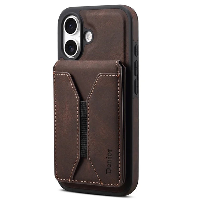 DENIOR D18 For iPhone 16 Plus Case Ring Kickstand Leather PC TPU Phone Cover Card Holder - Brown