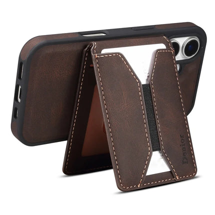 DENIOR D18 For iPhone 16 Plus Case Ring Kickstand Leather PC TPU Phone Cover Card Holder