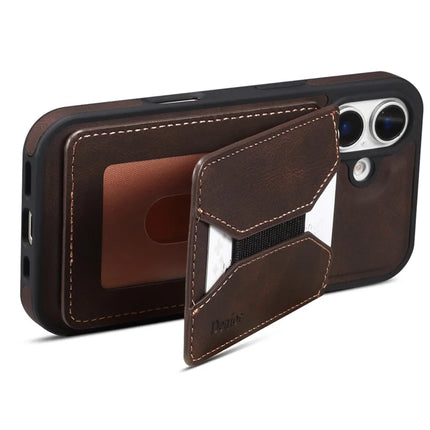DENIOR D18 For iPhone 16 Plus Case Ring Kickstand Leather PC TPU Phone Cover Card Holder