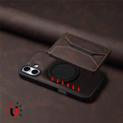 DENIOR D18 For iPhone 16 Plus Case Ring Kickstand Leather PC TPU Phone Cover Card Holder