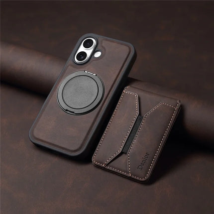 DENIOR D18 For iPhone 16 Plus Case Ring Kickstand Leather PC TPU Phone Cover Card Holder