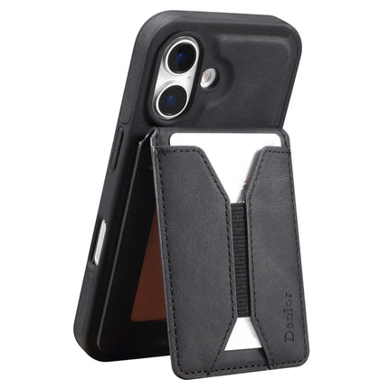 DENIOR D18 For iPhone 16 Plus Case Ring Kickstand Leather PC TPU Phone Cover Card Holder