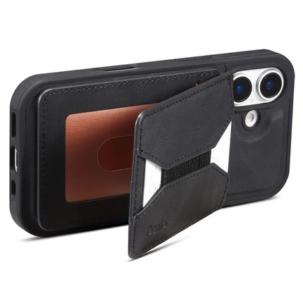 DENIOR D18 For iPhone 16 Plus Case Ring Kickstand Leather PC TPU Phone Cover Card Holder