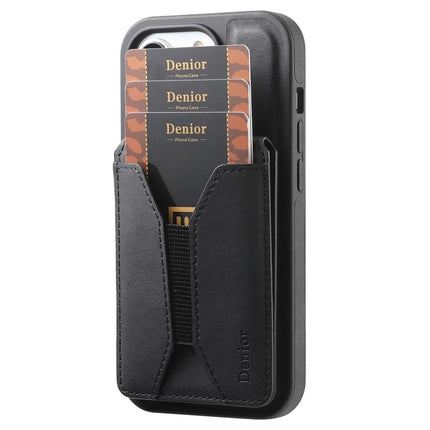 DENIOR D18 For iPhone 16 Plus Case Ring Kickstand Leather PC TPU Phone Cover Card Holder