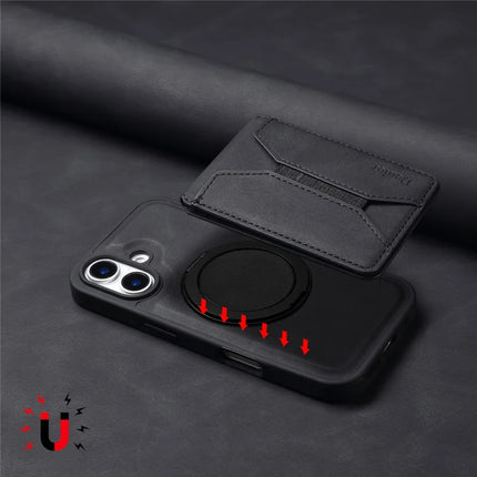 DENIOR D18 For iPhone 16 Plus Case Ring Kickstand Leather PC TPU Phone Cover Card Holder