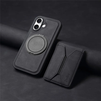 DENIOR D18 For iPhone 16 Plus Case Ring Kickstand Leather PC TPU Phone Cover Card Holder