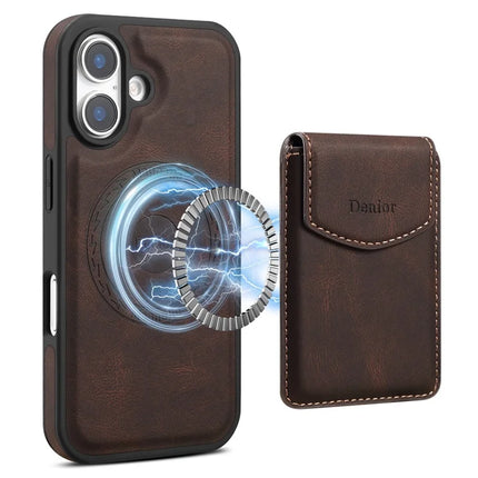 DENIOR D19 For iPhone 16 Magnetic Case Leather+PC+TPU Cover with Detachable Card Bag - Brown