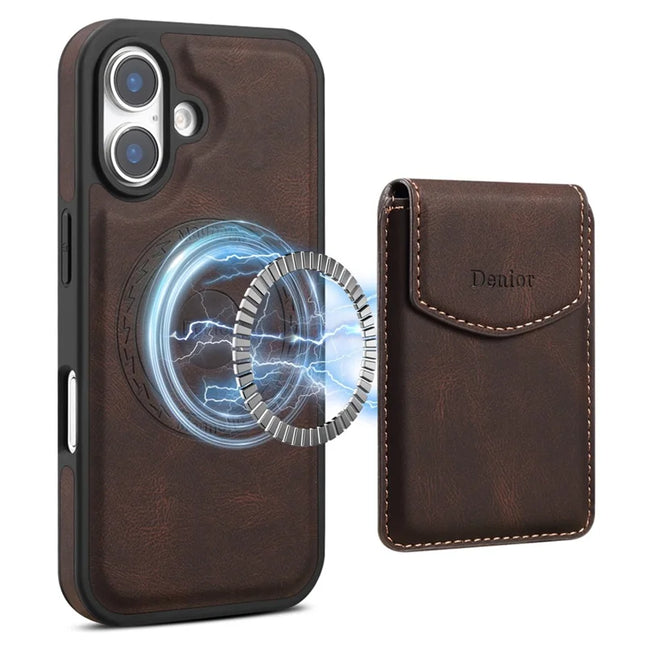 DENIOR D19 For iPhone 16 Magnetic Case Leather+PC+TPU Cover with Detachable Card Bag - Brown